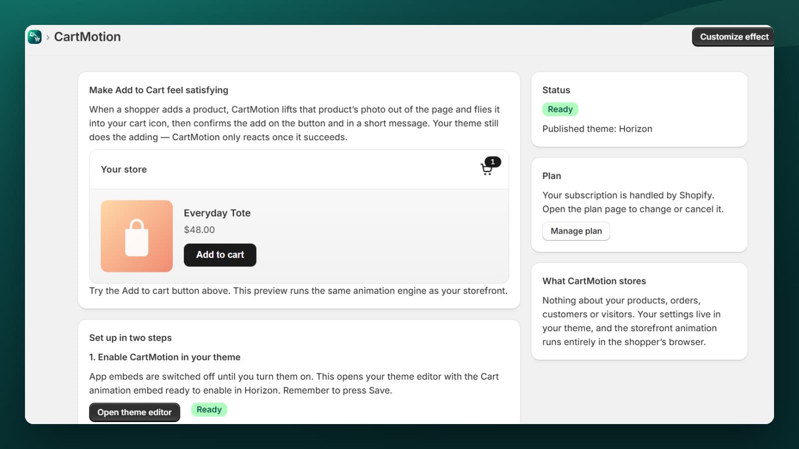 CartMotion's home screen in the Shopify admin, showing setup steps and a live preview