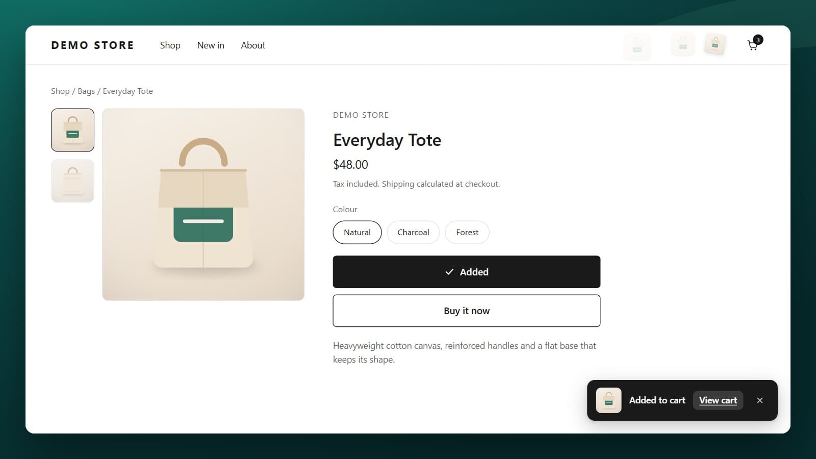 The cart icon nudged, the button reading Added, and a small confirmation message