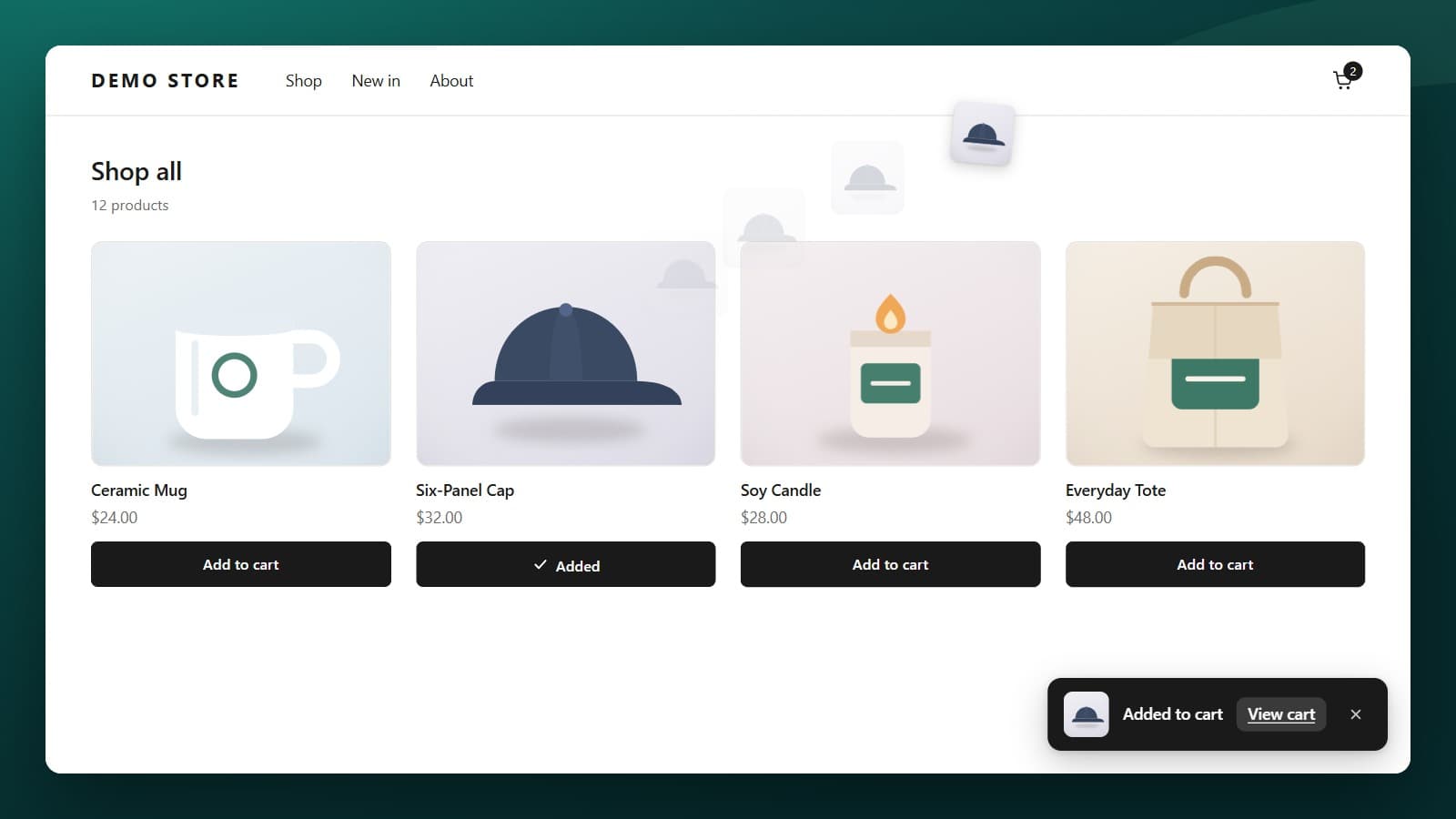 A collection page where quick add sends the product photo towards the cart icon