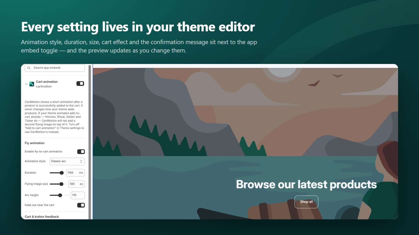 CartMotion's settings open in Shopify's theme editor next to a live preview