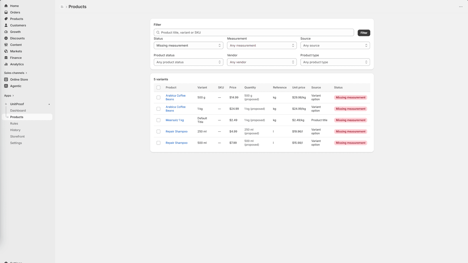 Product variants with proposed unit price measurements and the source of each