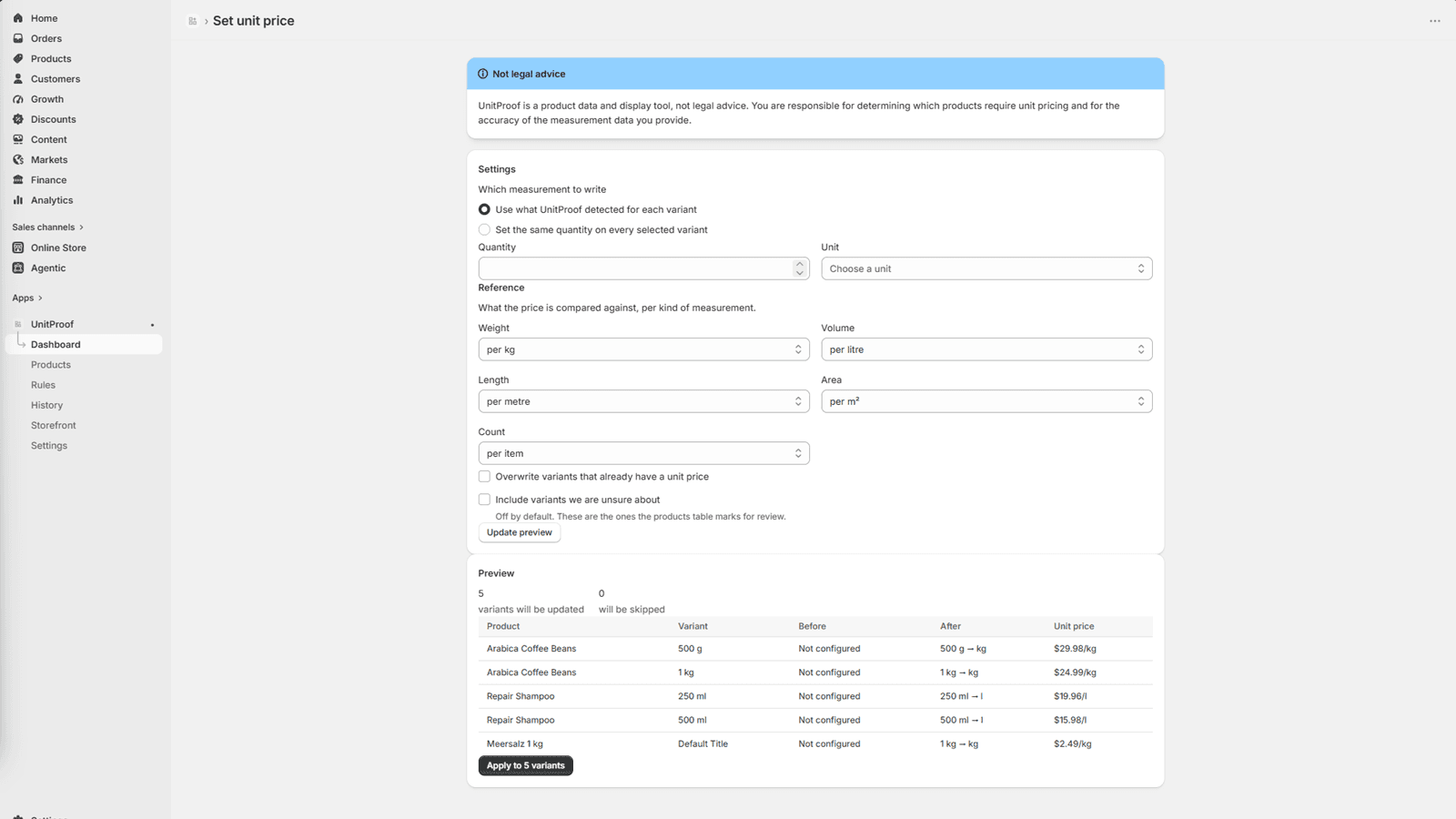 A preview of a bulk change, showing each variant before and after